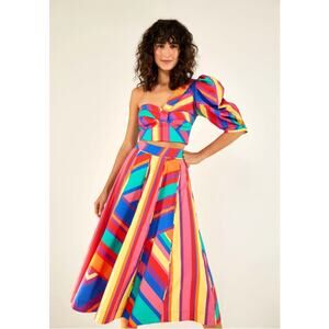 Farm Rio Set Medium Bruna Stripes Crop Top Midi Skirt Rainbow Playful Vibrant